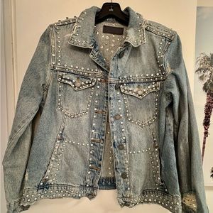 Blank NYC studded rhinestone distressed denim jacket